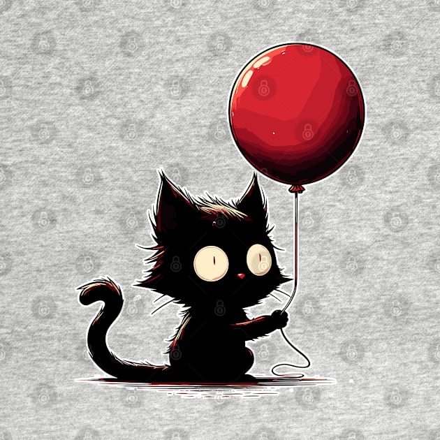 Confused black cat holding red balloon by TomFrontierArt